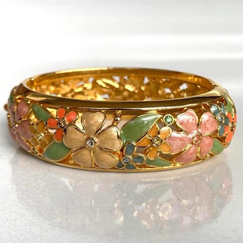 Joan Rivers Gold tone floral bangle bracelet with enamel and rhinestones